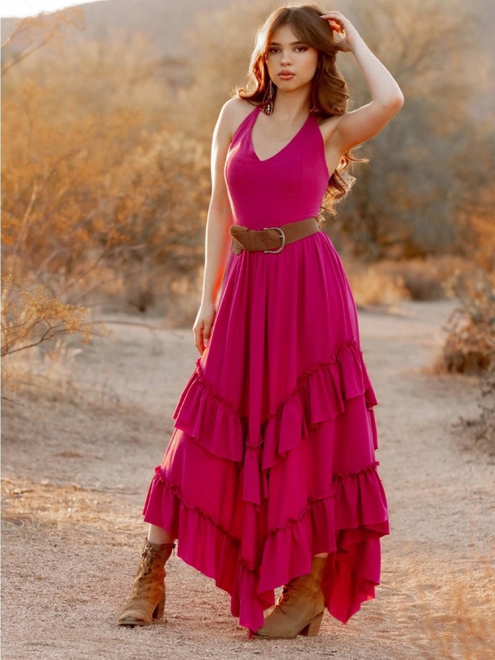 NWT Joyfolie Fuchsia Tiered Ruffle Maxi Dress Large